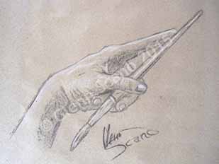 Charcoal drawing of a hand holding an artist's brush.